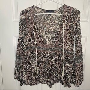 American Eagle Paisley Bohemian V Neck 3/4 Length Sleeve Top Extra Small